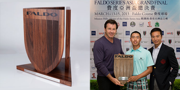 Nick Faldo presents wooden Faldo golf trophy