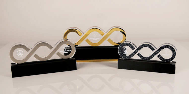 Willmott Dixon building awards in style of chain, made in silver, gold & sparkling balck