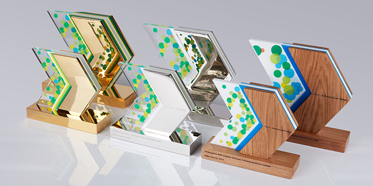 Custom trophies for staff recognition in aluminium, acrylic & wood