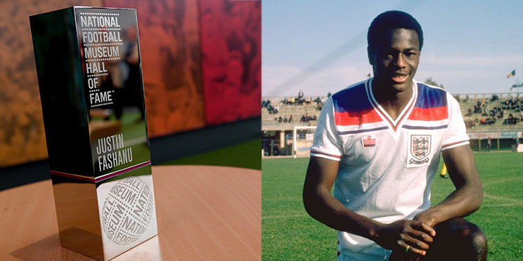 Football hall of fame trophy with picture of Justin fashanu