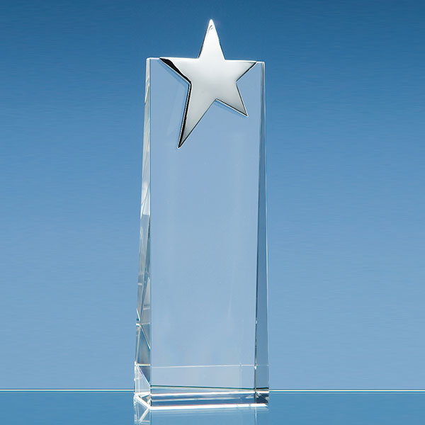 22.5cm crystal rectangle trophy with silver star