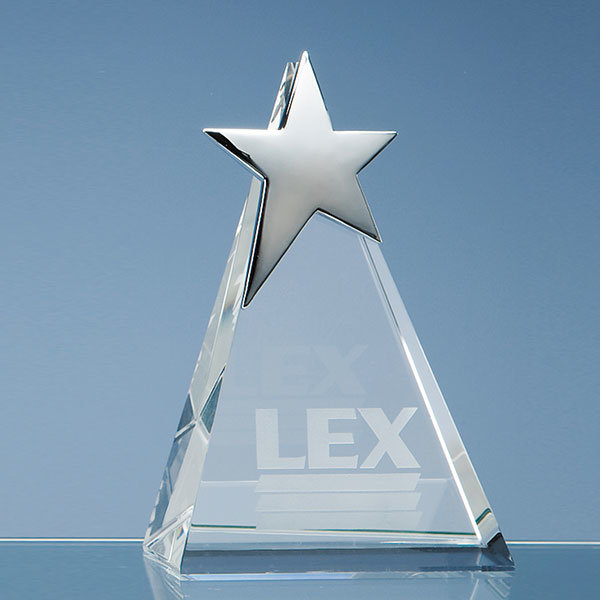 15cm crystal triangle with silver star award